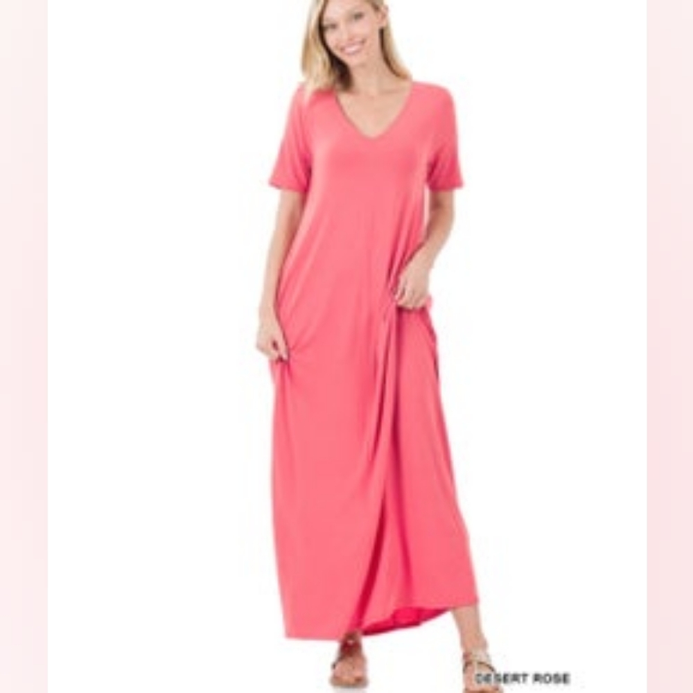 Zenana Short Sleeve Maxi Dress with Pockets desert rose🌹